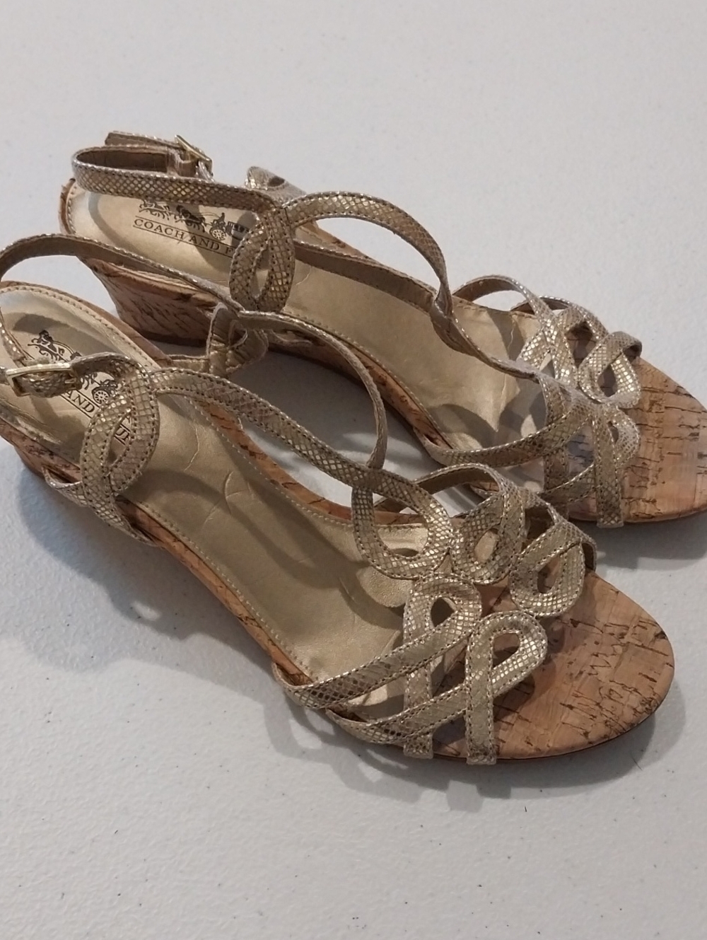 Coach and Four Gold Braided Cork Wedge Sandals